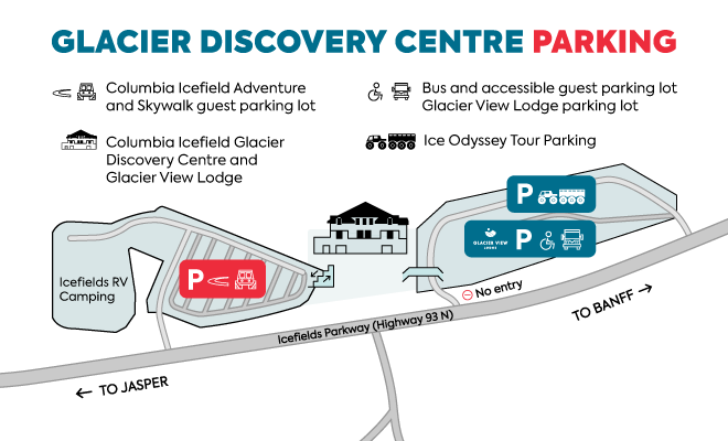 Map showing the parking lots at the Glacier Discovery Centre.