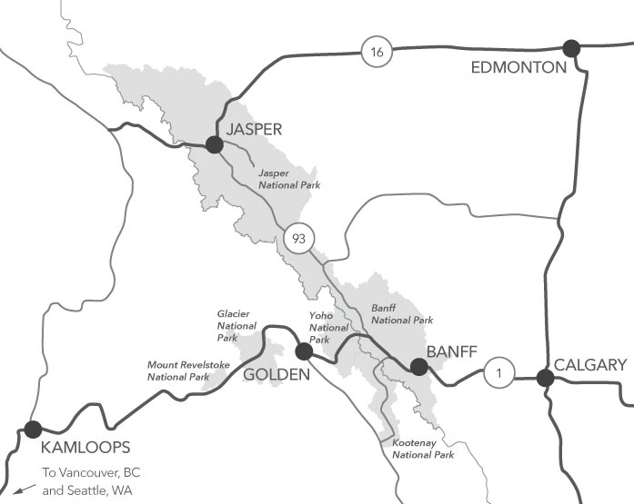 Map showing the location of Jasper in the Canadian Rockies