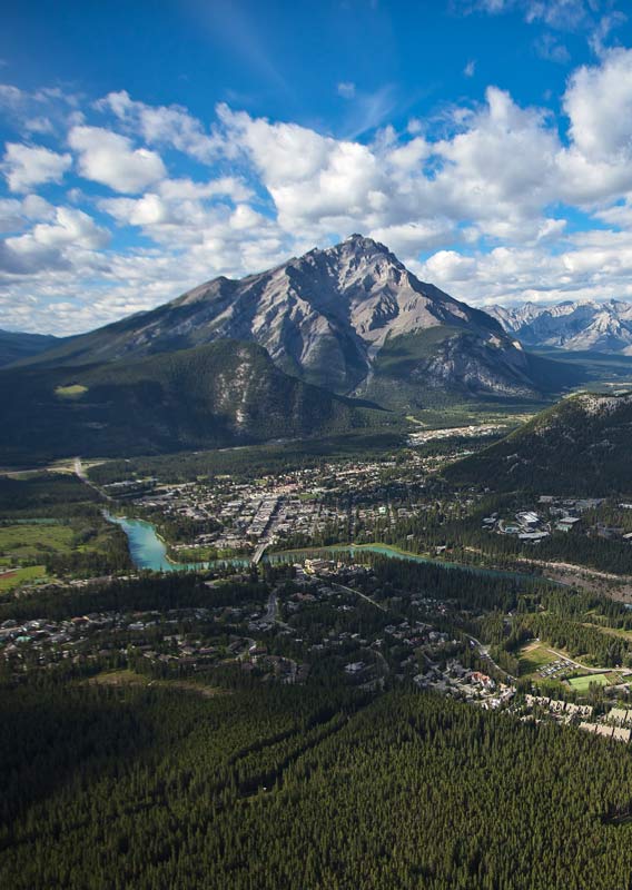 An aerial view of the town of Banff, built along a river and between mountains.