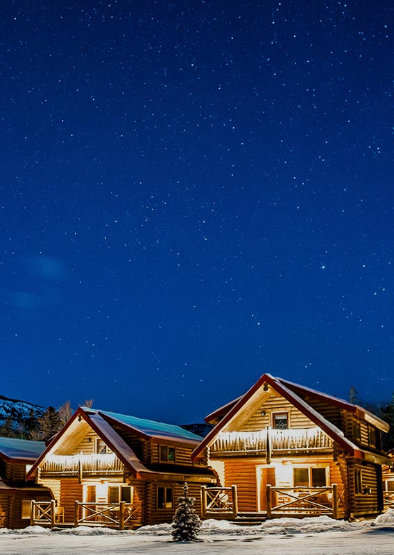 A row of cabins in a snowy landscape below the night sky.