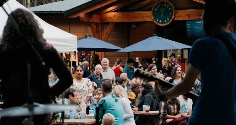A crowd of concert goers watching the band play on an outdoor stage
