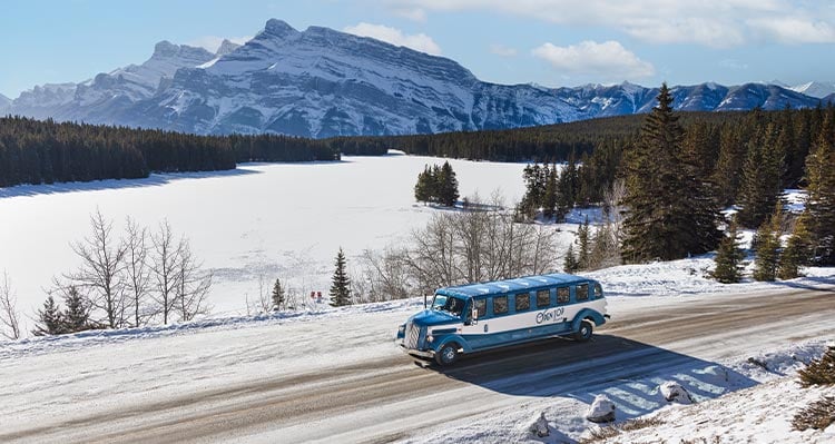 A vintage-style touring car drives past a frozen lake.