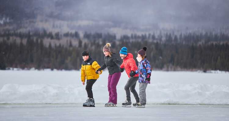 A family skates together on a frozen lake.